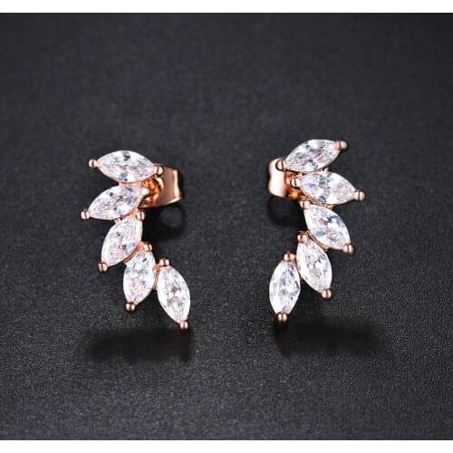 Shiny Leaf Feather Shaped Stud Earrings For Women Clear Zircon Female Earing Ear Accessories Trend Jewelry Free Shipping KC164