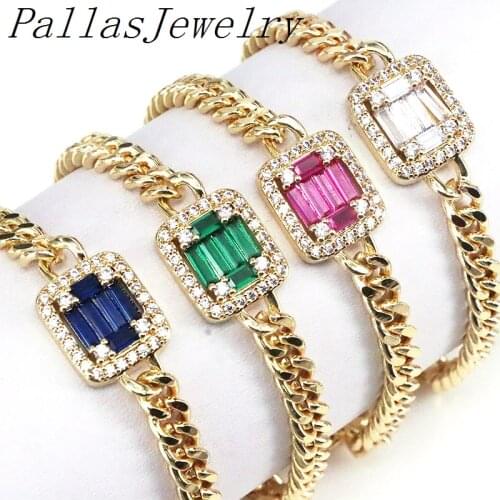 5Pcs New gold plating Cuban Curb Link Chain fashion bracelet sparkling colorful crystal copper micro zirconia for women gift par
