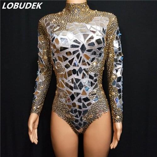 Elastic Gold Rhinestones Mirror Tight-fitting Bodysuit Female DJ Singer Stage Wear Dance Team Performance Costume Nightclub Wear