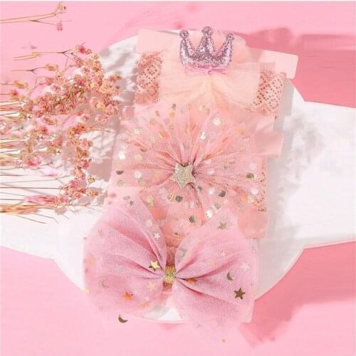 3Pcs Baby Crown Headbands Set Kids Newborn Baby Cartoon Hairwear Lace Flowes Bowknots Headwear Baby Gifts 0-2T