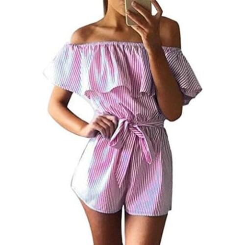 Sexy Rompers Fashion Summer Women Jumpsuit Off Shoulder Floral Printed Loose Jumpsuit Ruffles Beach Playsuit Overalls
