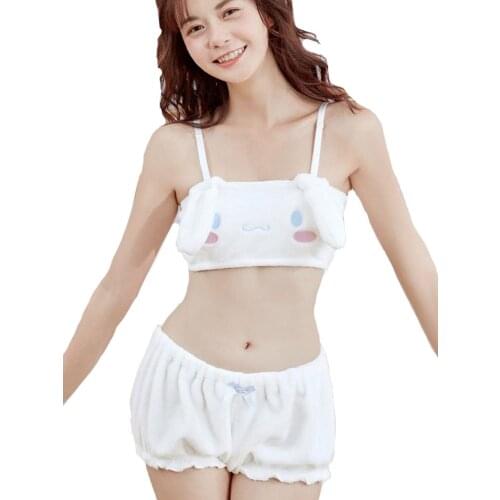 2021 Velvet Cute Animation Pattern Shoulder Strap Japanese Soft Girl Pink Black Milk Silk Plush Tube Top Bra Set Q332