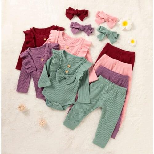 Newborn Infant Baby Girls Clothes Sets Winter Warm Solid Ruffled Ribbed Bow Romper Pants+bowknot Headbands Kids Casual Outfits