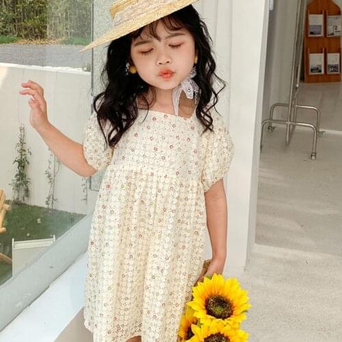 Summer Girls' Dress Lace Hollow Pure Color Flower Short Sleeve Sweet Princess Dress Baby Kids ChildrenS Clothing For Girl