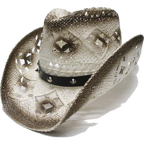 LUCKYLIANJI Womens Mens Unisexs Punk Vintage Wide Brim Straw Sun Beach Cowboy Cowgirl Western Hat Rivet Leather Band (58cm)