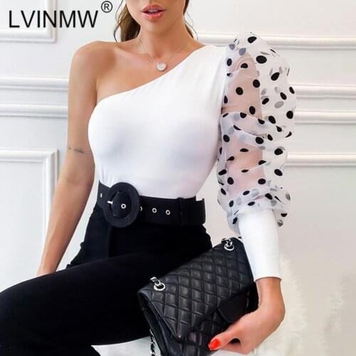LVINMW Sexy Polka Dot Print Mesh Patchwork One Shoulder T Shirt 2020 Summer Women Puff Sleeve Slash Neck Slim Tops Streetwear