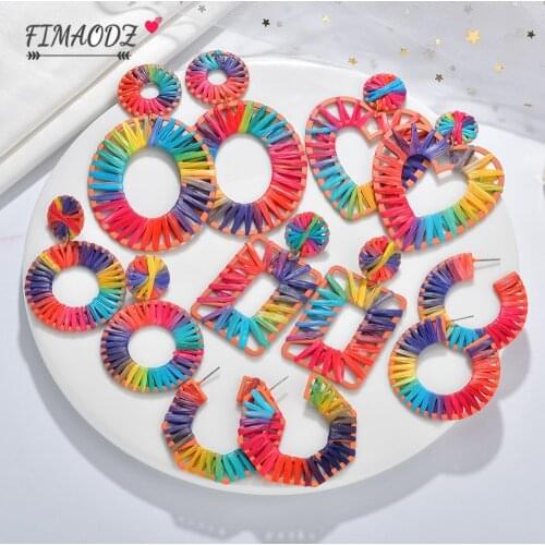 FIMAODZ Fancy Color Rainbow Raffia Earrings Colorful Geometric Knit Round Oval Heart Shape Statement Earring For Girl Party Gift