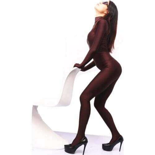 MS066) Sexy women shiny lycra dark coffee catsuit fetish zentai suit without headhood halloween customized
