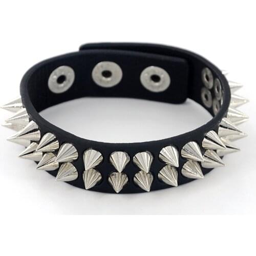 New Gothic Delicate Cuspidal Spikes Rivet Cone Stud Cuff Black Leather Bracelets & Bangles Punk Bracelet For Women Men Jewelry