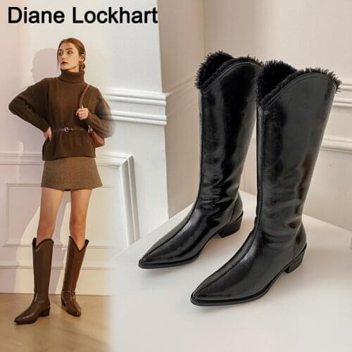 New Women Plush Leather Boots Knee Hight Boots Low Heels Slim Cowboy Long Boots Black Brown Lady Winter Warm Shoes High Quality