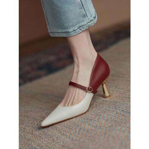 Colorblock high heels autumn new Korean version of the word buckle stiletto heel sexy red nightclub trend