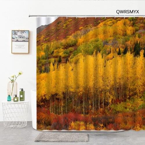 Autumn Yellow Maple Forest Landscape Shower Curtains Hooks Natural Scenery Bathroom Decor Background Hanging Cloth Bath Curtain