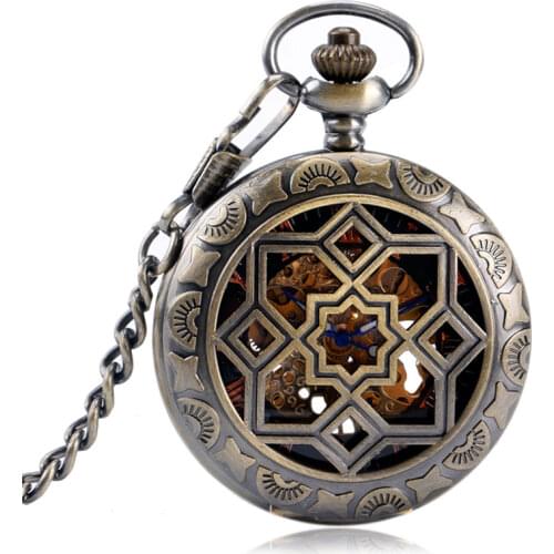 Luxury Symmetry Carving Grilles Mechanical Watches Wind Up Hollow Pocket Watch for Mens Womens Gifts Copper Retro Pendant 2017