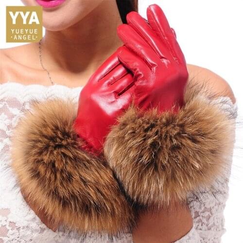 Luxury Womens Winter Sheepskin Touch Screen Gloves Real Raccoon Fur Genuine Leather Glove Female Black Red Warm Fleece Mittens