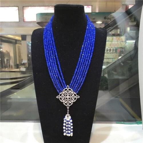 Hand knotted natural 2x4mm blue stone multilayer white freshwater pearl zircon micro inlay accessories tassel necklace