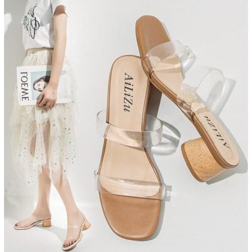 Net Red Transparent Slippers Womens Summer Wear Fashion 2021 New High-heeled Thick-heeled Womens Sandals and Slippers