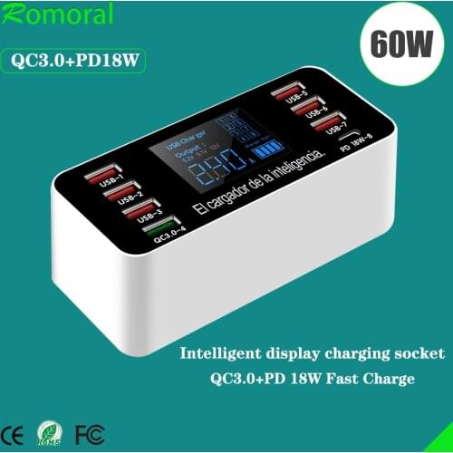 QC3.0 Quick Charge PD18W Smart Charger Station 8 Ports 60W Fast Charging with LCD Digital Display