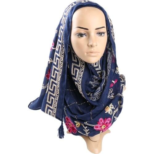 Embroider Hijab flower diamond scarf shawls muslim cotton stone pashmina wraps fashion long wrap scarves 180*90cm 10pcs/lot