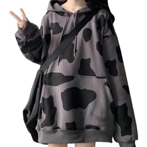 Winter Mid-length Plus Velvet Print Harajuku Cow Spots Hoodie Women Clothing Long Sleeve Casual Femme Gray Jumper Pullover 2021