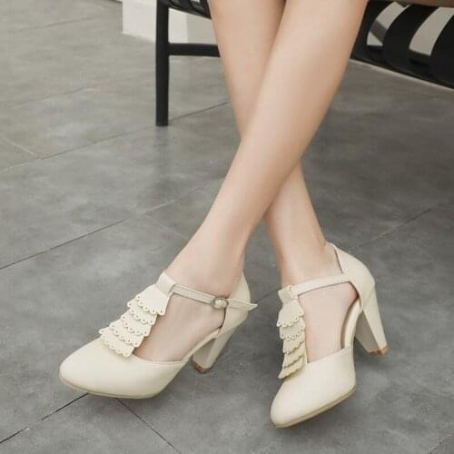 Size 32-48 Women High Heel Sandals Round Toe Heels Shoes T-Strap Womens Platform Sandals Wedding Party Ruffles Women Shoes