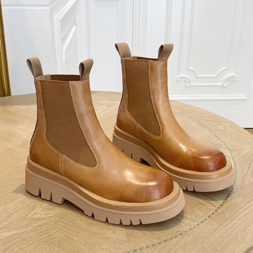 Osunlina Ankle Boots 5.5cm Thick Heels Round Toe Flat Slip-on Boots Woman Black Genuine Leather Chelsea Shoes 2020 Autumn A057