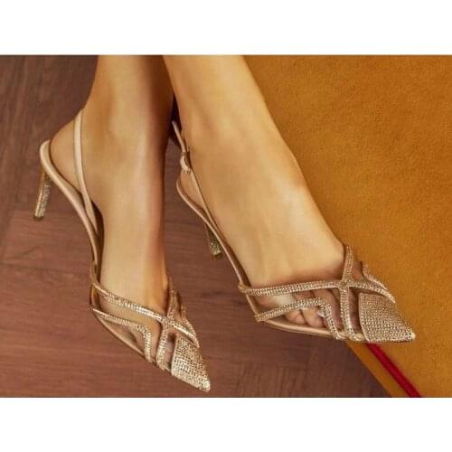 Elegant lady 7CM low heel pointed toe rhinestone PVC slingback high heel dress shoes real photo gold silver crystal high heels