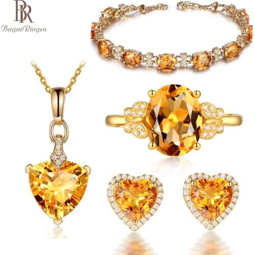 Bague Ringen 100% Sterling Silver 925 Jewelry Set For Charm Lady With Yellow Color Citrine Gemstones Women Party Wholesale Gifts