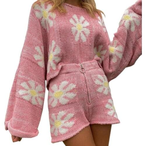 Casual Ladies Suit Stylish O Neck Knitted Horn Sleeve Zipper Anti-shrink Sweet Style Floral Fall Women Suit vetement femme 2021