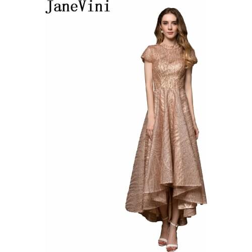 JaneVini Elegant High Low Rose Gold Long Prom Dresses Plus Size 2019 Glitter Sequined High Neck Ankle Length Formal Party Gowns
