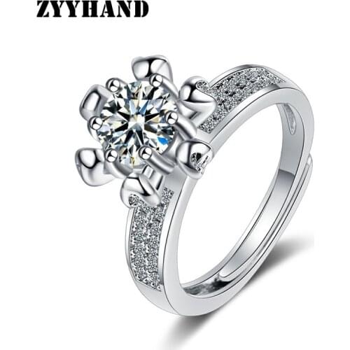 Platinum-Plated Women Adjustable Ring Girl Wedding Romantic Clean Stone Zircon Heart Free Size Lady Finger Jewelry