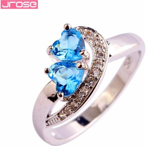 JROSE Lovers Fashion Heart Silver Jewelry Blue & White CZ Silver Color Ring Size 6 7 8 9 10 11 Beauty Women Wedding Gifts