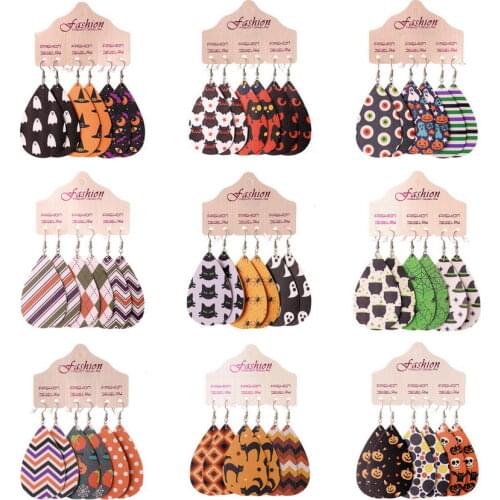 3 Pairs/Set Fashion PU Leather Halloween Earrings for Women Girls Multifarious Festival Motif Leather All Hallows' Day Jewelry