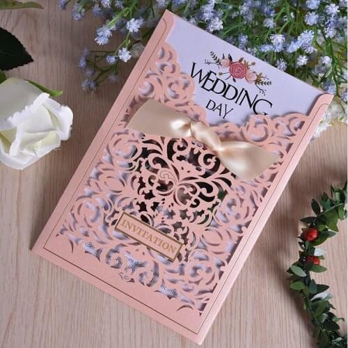 50Pieces/Lot) Pink Personalized Print Wedding Invitation With Bow Laser Cut Princess Cards For Sweet 15 Quinceanera Party