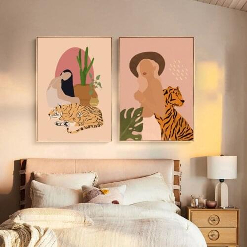 Abstract Woman and Tiger Cheetah Prints Boho Wall Art Pictures Decor Palm Leaf Plants Poster Girls Canvas Painting Home Decor