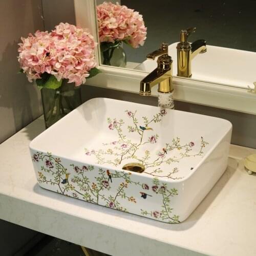 White Succinct Flower And Bird European Ceramic Art Wash Toilet Bathroom Sink