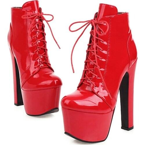 Sexy Ultra Stripper Heels Ankle Boots Women Platform Autumn Winter Boots Leather Lacing Red Black Fetish Shoes Woman Large Size