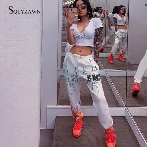 White Flaming Fire Printed Streetwear Pants Women Korean Style Elastic High Waist Sweatpants Baggy Pants Joggers Summer Autumn