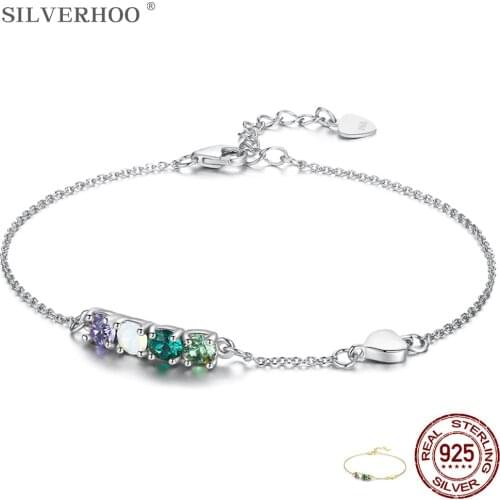 SILVERHOO 925 Sterling Silver Adjustable Link Bracelets For Women Dazzle Colour Square Austria Crystal Bracelet Party Jewelry