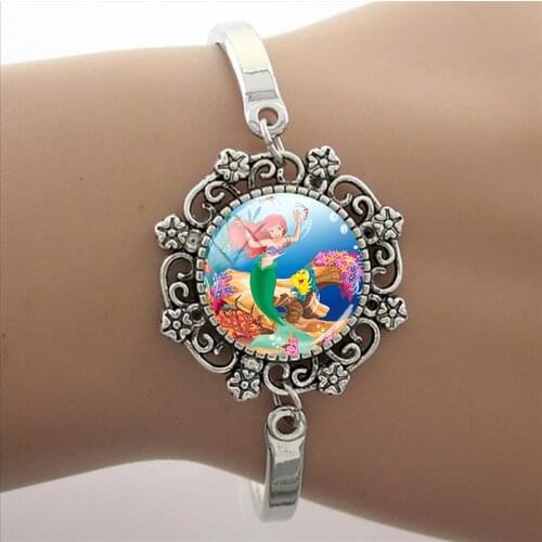 Disney The Little Mermaid Princess Ariel Bracelet Glass Cabochon Dome Cartoon Bracelet Handmade Classic Ladies Jewelry