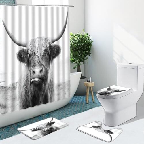 Highland Cow 3D Print Animal Bathroom Set Shower Curtain Fabric Non-Slip Rugs Flannel Toilet Carpet Cover With Hooks Washable