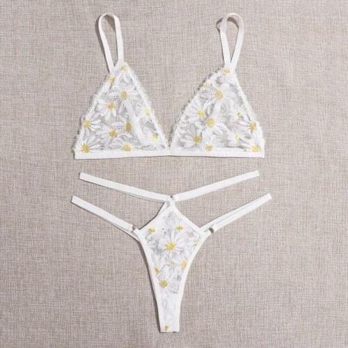 Flower Embroidery Lingerie Set Women See Through Underwear White Lace Bra Thong Sets Sexy Nightwear Lenceria Para Mujer
