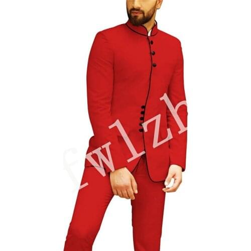 Handsome Groomsmen Mandarin Lapel Groom Tuxedos Wedding Dress Men Suits Blazer Prom Dinner (Jacket+Pants+Tie) K602