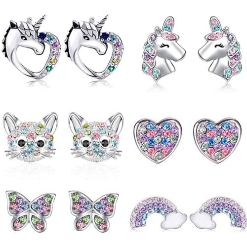Fashion Cute Unicorn Stud Earrings for Little Girl Kids Crystal Cat Butterfly Rainbow Heart Star Earring Christmas Gift Jewelry