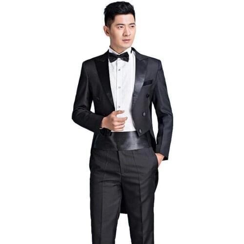 Men Tuxedos Slim Fit Classic Tailcoat Skinny Suits White Black Wedding Stage Costume Piano Performance Singer 4 Pieces