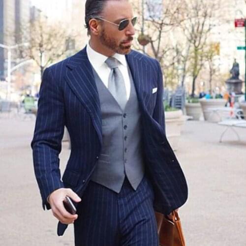 Navy Blue Stripe Business Men Suits Slim Fit for Wedding 3 Piece Groom Tuxedo with Gray Vest Pants Notched Lapel Custom Blazer