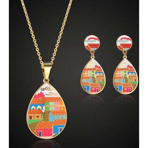 Zlxgirl colorful Enamel Stainless steel jewelry sets for women gifts Russian design Women pendant earring Bridal jewelry sets