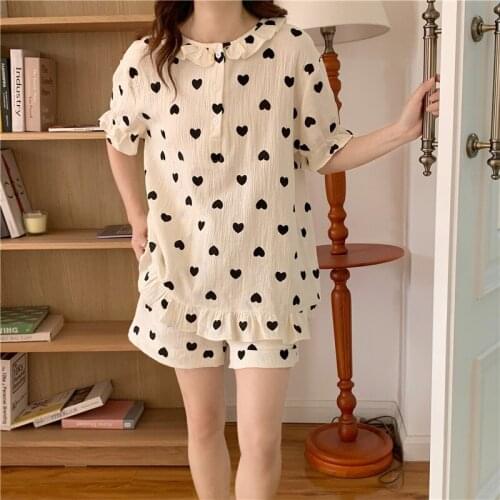 2021 New Fashion Summer Cotton Womens Sleepwear Printing Short Sleeve Pajamas Set For Femme Soft Casual Sweet Home Shorts Suit