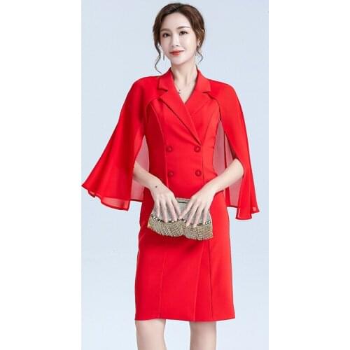 2021 summer new womens wear flying sleeve suit collar middle dress high waist double breasted stitched suit skirt