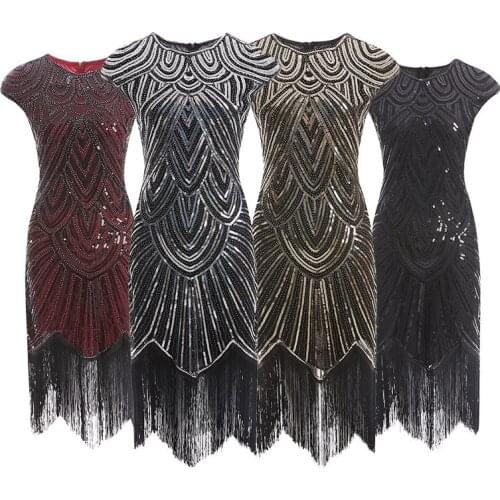 New Women 1920s Dress Vintage Flapper Great Gatsby Party Dress Short Sleeve Sequin Fringe Midi Dress Summer Embellished Cosplay