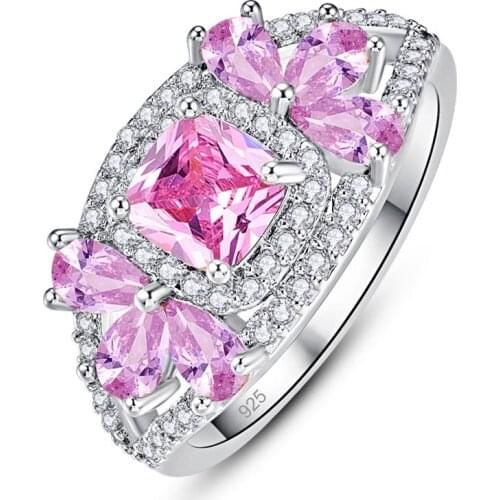 Lingmei Engagement Bride Flower Wedding Rings Pink Yellow Zircon Silver ColorRing Size 6-9 Wholesale Trendy Christmas